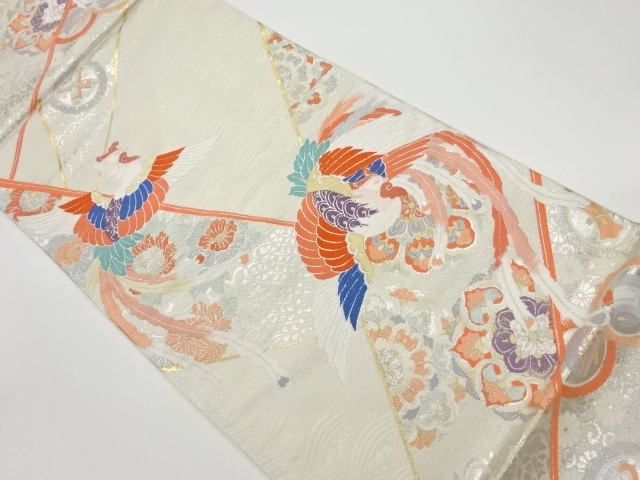 リサイクル　鳳凰に花々・華文模様織出し袋帯